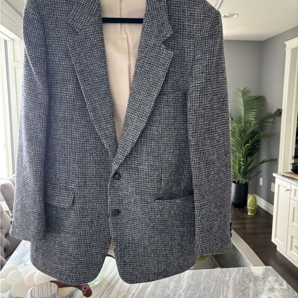 Harris Tweed Men's Gray blue cream tweed Wool Jacket vintage made in Canada